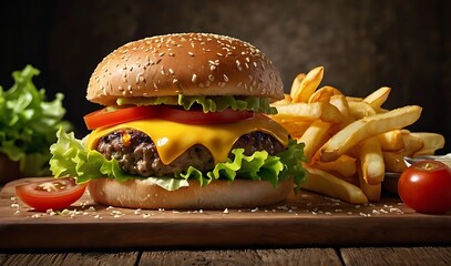 Close-up of a juicy burger with melted cheese, lettuce, tomato, and sesame seed bun, served on a wooden board with crispy fries on the side, captured in photorealistic studio lighting.