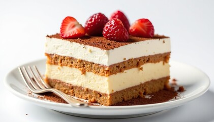 Classic tiramisu dessert, layers visible, isolated , brown, creamy