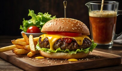 Close-up of a juicy burger with melted cheese, lettuce, tomato, and sesame seed bun, served on a wooden board with crispy fries on the side, captured in photorealistic studio lighting.