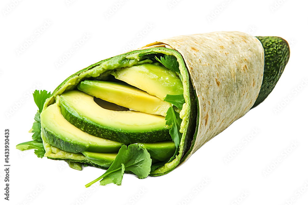 Poster close up of an avocado wrap with sliced avocado and cilantro showing the filling and tortilla shell