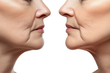 Obraz premium A detailed view of an elderly woman's neck highlights the presence of creases and wrinkles, paired with a collage demonstrating the outcomes of a rejuvenation procedure, embodying the ideas of
