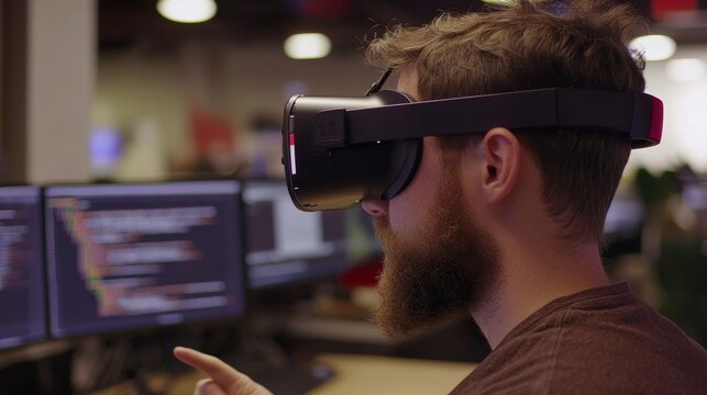 A remote software developer utilizes VR goggles in their home office to work on javascript programming, while an IT engineer wears a virtual reality headset to visualize code lines, captured by