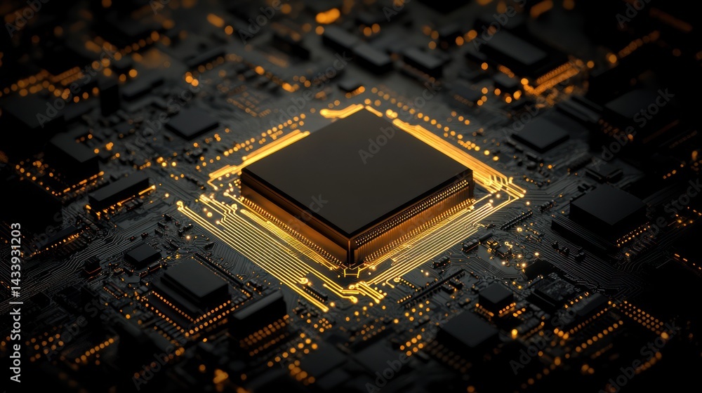 Poster microchip illuminates circuit board showcasing tech; background blurs focus. use tech