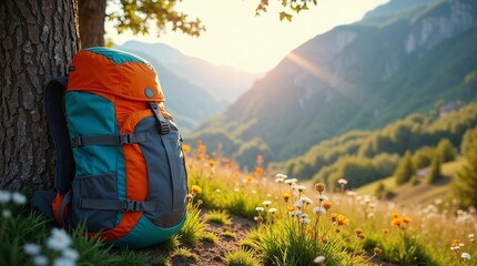 Backpack leaning against a tree with a mountain landscape in the background. Backpack, mountain, nature concept