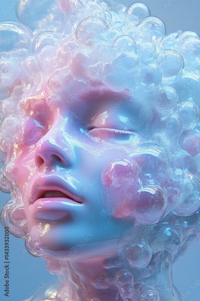 Poster ethereal portrait of a model surrounded by translucent bubbles with soft colorful lighting