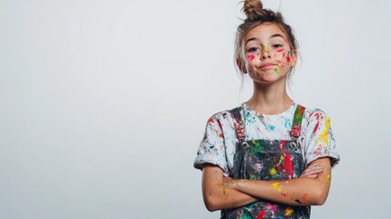 Young girl with paint on her face and clothes, smiling