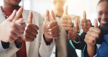 Thumbs up, collaboration and business people in office with approval, achievement or teamwork. Goal, agreement and group of employees with satisfaction hand gesture in workplace for target together.
