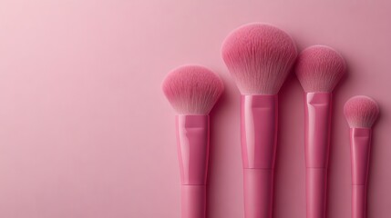 A gathering of pink makeup brushes displayed next to an assortment of beauty and cosmetic products