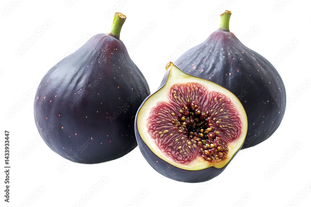 Poster a close up of two figs with one cut in half showing the inside on a black background studio shot