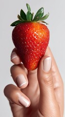 Obraz premium Holding a fresh strawberry in hand minimalist studio high fidelity vertical perspective healthy lifestyle