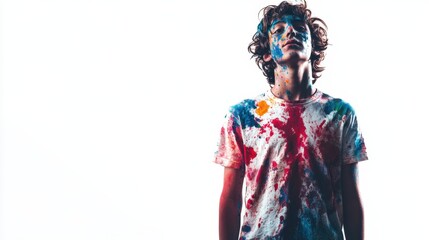 Young man covered in colorful paint against white backdrop