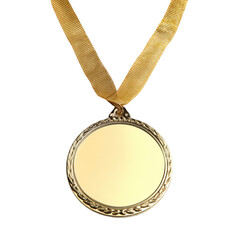 Golden award medal with yellow ribbon on prize honor winner trophy reward on transparent background