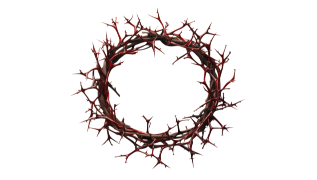 A crown of thorns made of dark brown branches with red thorns on a transparent background view from above png