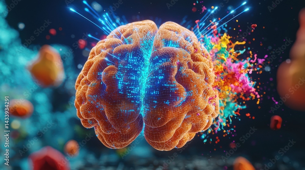 Poster digitally enhanced brain illustration featuring neural pathways and bursts of color to visualize ide