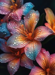 Fototapeta premium Vibrant Petals of Blossoming Flowers with Water Droplets Sparkling Like Gems in a Dark Background
