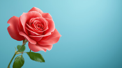 Fototapeta premium Beautiful coral rose against a light blue background