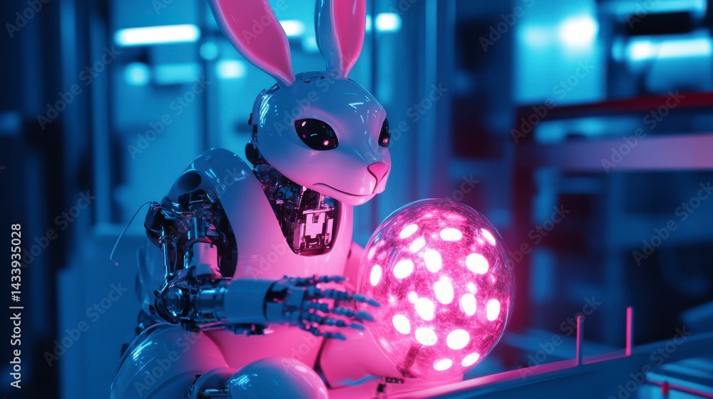 Poster robotic bunny with glowing orb in futuristic setting