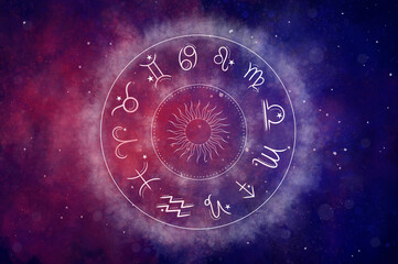 Western astrology circle with 12 zodiac symbols on a beautiful colorful starry space background. Vector illustration.