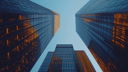 Tall buildings stretch towards the sky view from below urban architecture.