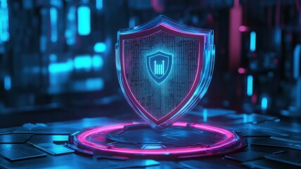 A futuristic digital shield symbolizing cybersecurity, glowing in neon blue and pink, set against a high-tech background.