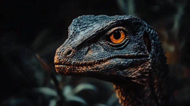 Close up on a blinking velociraptor dinosaur
