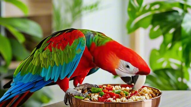 A vibrant macaw parrot enjoys its colorful meal among plants.

