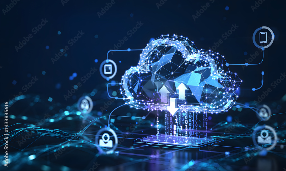 Poster cloud computing and technology: an artistic digital rendition depicts a cloud structure with data tr