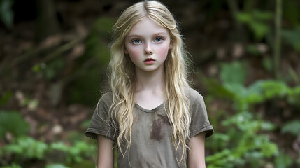 Naklejka premium A young girl's thoughtful gaze in a natural setting.