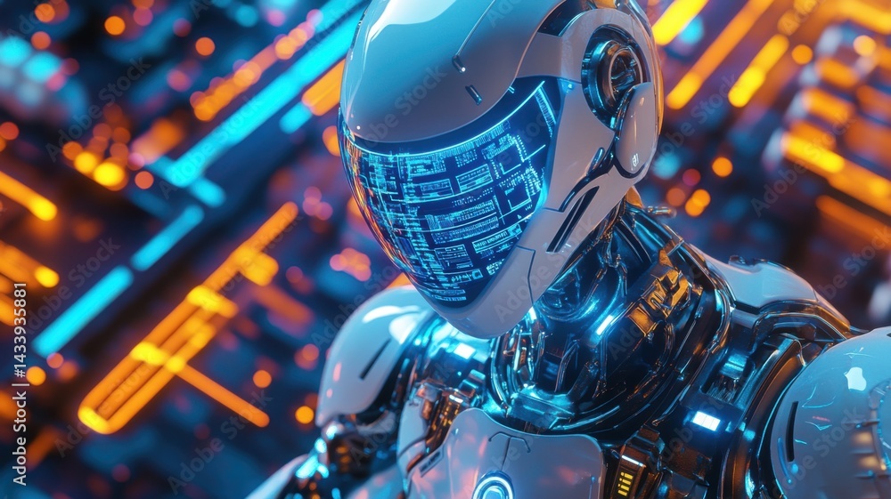 Poster a futuristic robot with a sleek design and glowing elements, set against a backdrop of vibrant neon 