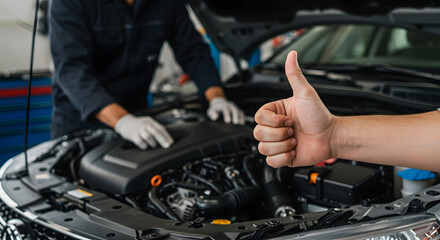 Automotive Repair: A mechanic thumbs up to showcase a well-maintained car, in a detailed close up, ready to be fixed.
