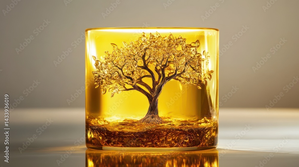 Poster golden tree embedded in clear glass or resin block on a reflective surface
