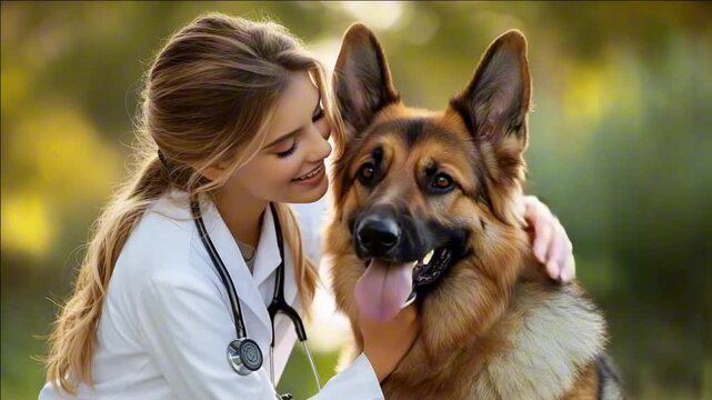 Veterinary professional showing affection towards a dog in a serene outdoor setting.


