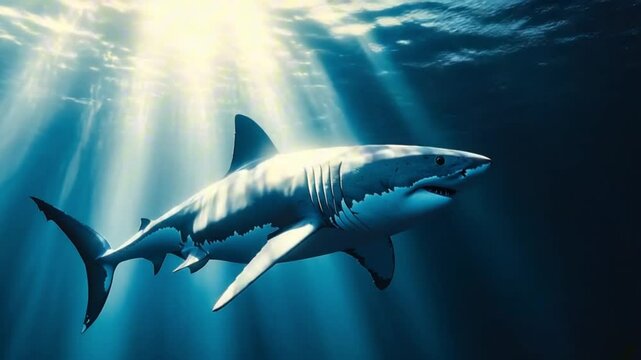 Great white shark swimming majestically in underwater sunlight.

