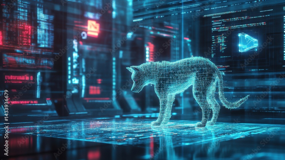 Poster a digital hologram of a dog stands in a futuristic environment, surrounded by glowing data and techn