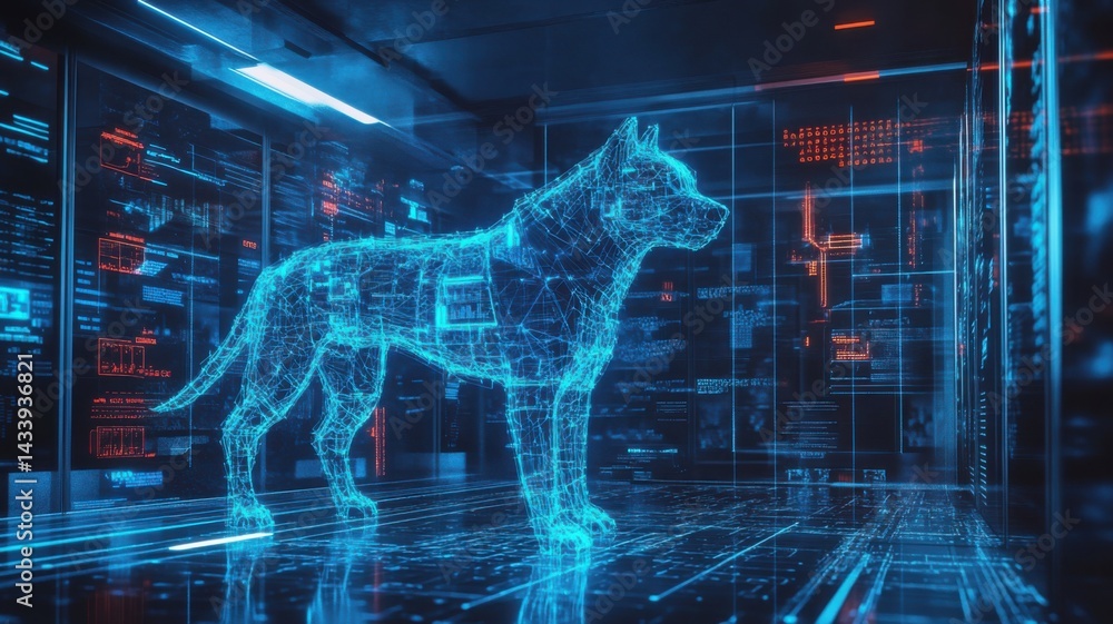 Poster a digital representation of a dog in a futuristic setting with glowing blue lines, surrounded by dat