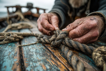 Man tying rope on boat, seaside background with clear sky.