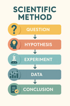 Scientific method infographic with steps question, hypothesis, experiment, data, conclusion. Colorful design for educational purposes