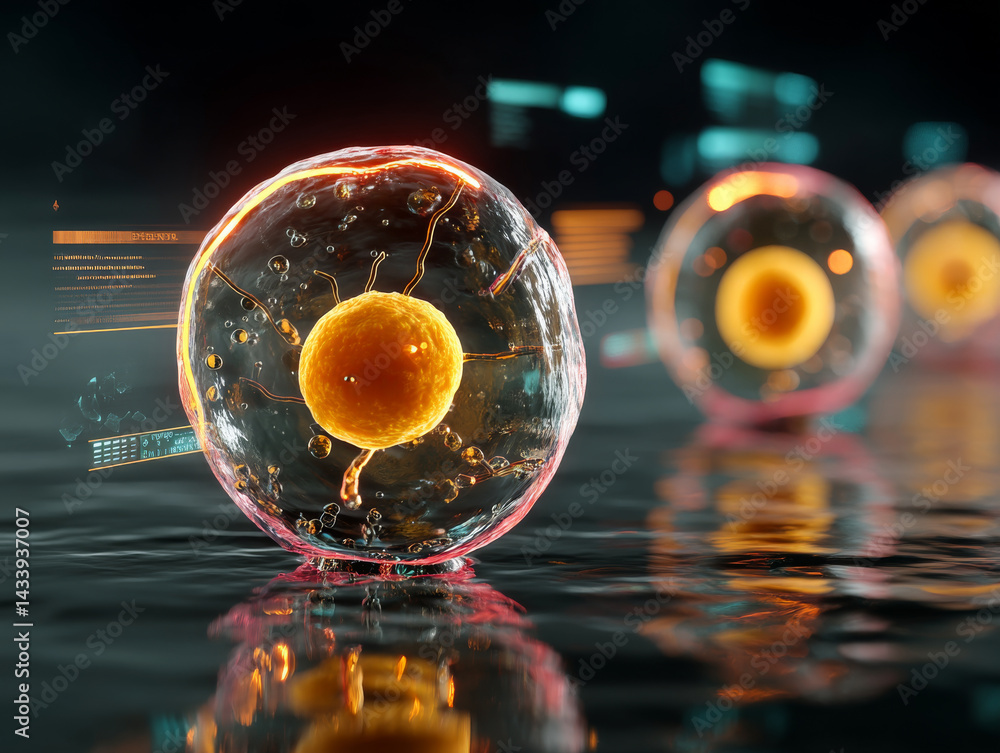 Poster glowing 3d cell floats in dark liquid, showcasing intricate details and digital elements, creating f