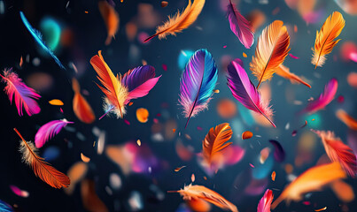 Colorful Feathers in Motion Against a Dark Background, Creating a Whimsical and Playful Atmosphere
