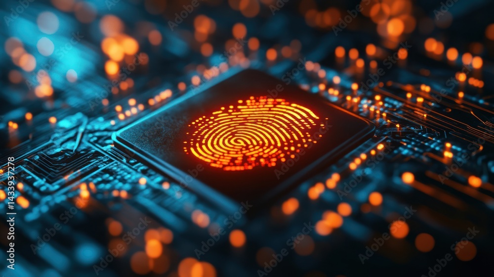 Poster digital fingerprint on circuit board representing cybersecurity and identity protection innovations 