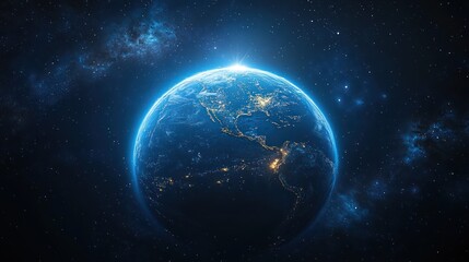 Obraz premium Blue planet earth view from space with city lights and cloud formations.