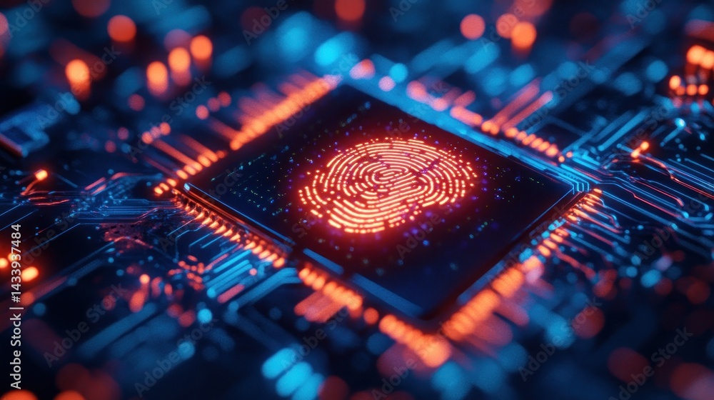 Poster futuristic fingerprint technology on circuit board with glowing effects and abstract background