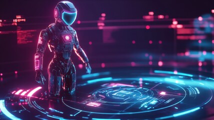 A futuristic robot stands on a glowing holographic interface, surrounded by vibrant neon colors and complex digital graphics.