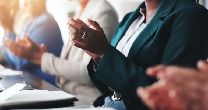 Business, hands and people with clapping in conference for company achievement, sales growth and celebration. Financial expo, group and applause for career development, audience approval or good news - Powered by Adobe