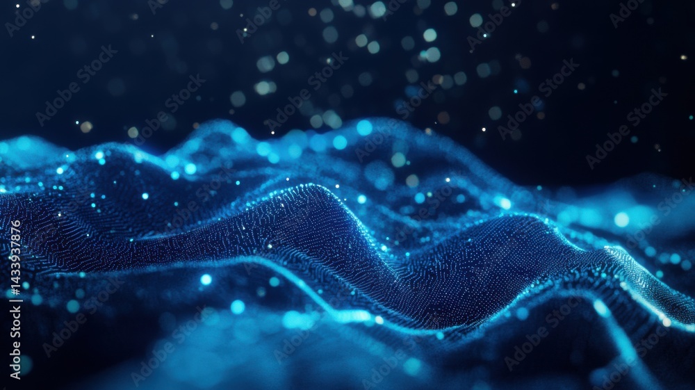 Poster a mesmerizing wave of blue particles creating a dynamic, digital landscape reminiscent of flowing wa