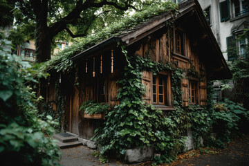Small wooden house nestled among lush trees, sunlight filtering through leaves, creating a serene and cozy atmosphere.