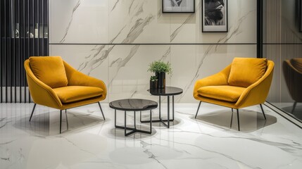 Modern yellow armchairs and coffee table in a stylish marble-patterned interior. Suitable for home decor magazines, catalogs, or interior design websites.