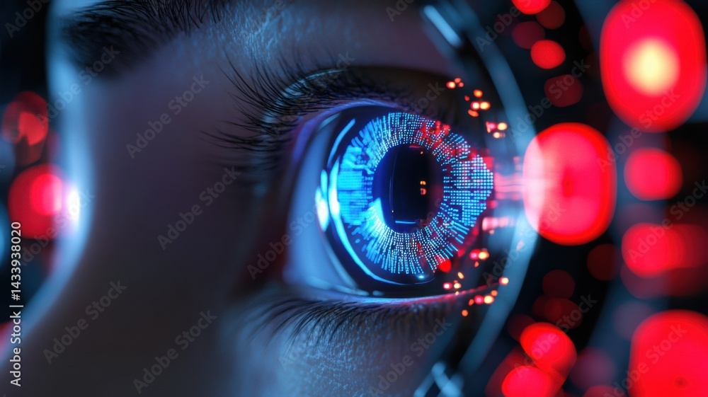 Poster a close-up of an eye displaying vibrant blue digital patterns and illuminated red lights, evoking a 