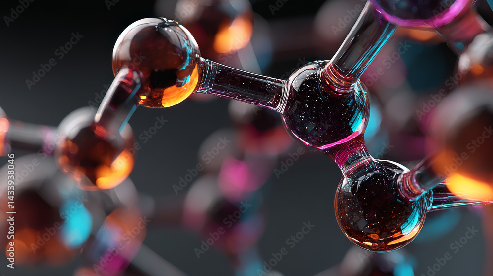 Poster abstract colorful representation of molecular bonding with vibrant spheres and connecting rods. imag