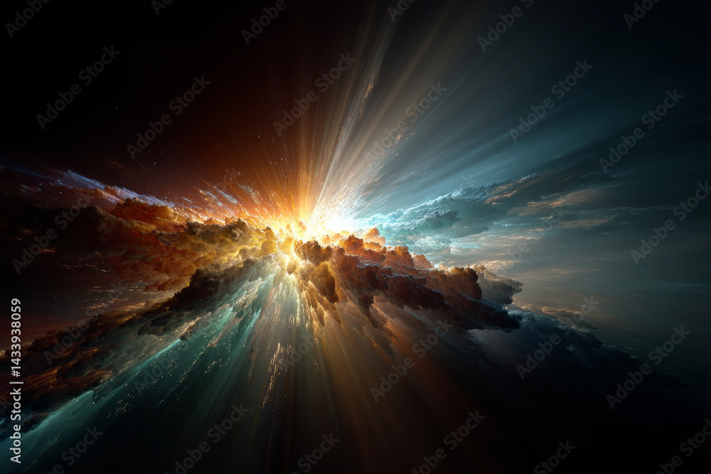 Poster vibrant abstract concept art depicting dynamic particle collision with radiant colors and dramatic l